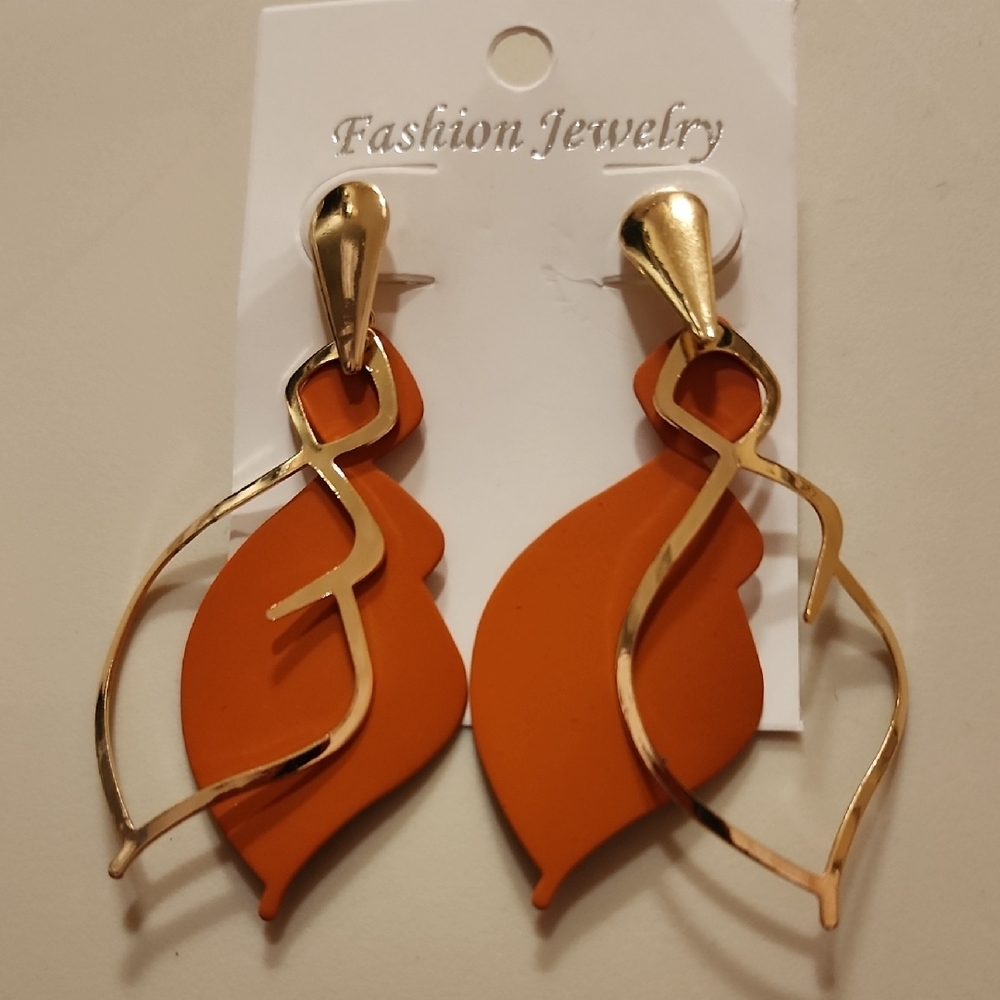 Fashion Jewelry Gold-Toned and Orange Abstract Earrings